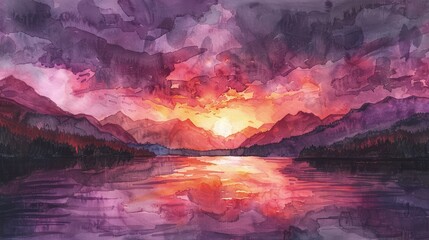 An evocative watercolor sunset painting illustration blending fiery coral and magenta tones into twilight purple over a peaceful mountain lake.