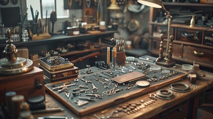 commercial photo, close-up, craft room tools, bottom view, soft light