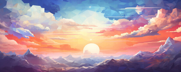 Low poly artwork, A mesmerizing sunset over majestic mountains, showcasing brilliant colors in the sky and dramatic cloud formations.
