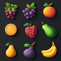Asset of fruit icons on dark background, Illustration