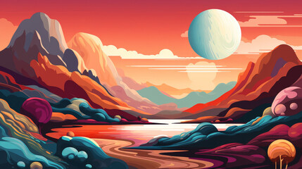 Cubism of Exoplanet landscape flat design side view distant world theme cartoon drawing tetradic color scheme