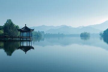 Obraz premium The pavilion in the center of the lake and the mountains in the distance