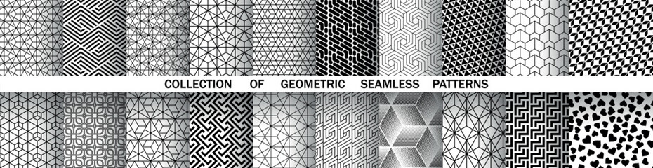 Geometric set of seamless black and white patterns. Simple vector graphics.