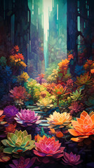 Low poly artwork, A lush, magical dense forest with blooming succulent in various hues under mystical light.