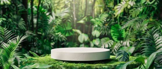 Forest product display, White podium in nature, Green background, Jungle beauty stand, Nature presentation