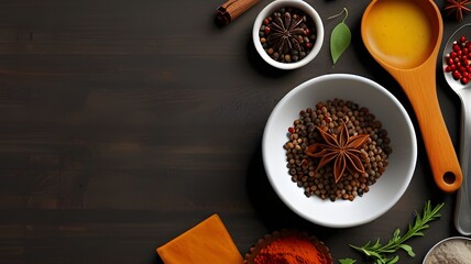 a realistic state background view from above on the left site kitchen tools and spices