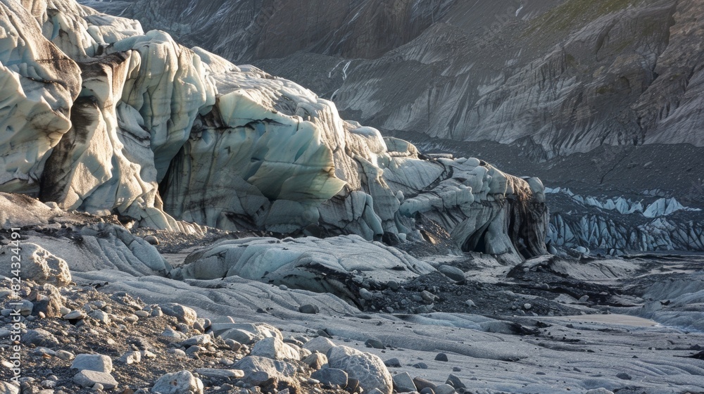 Poster sunlight dances across the smooth surface of the glacier highlighting the jagged edges where chunks 