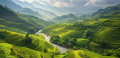 Countryside panorama with terraced fields of green crops leading down to a crystal-clear river winding through the valley.