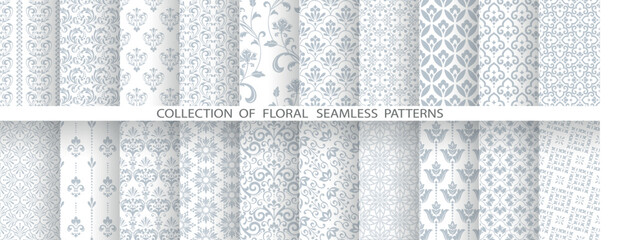 Geometric floral set of seamless patterns. White and gray vector backgrounds. Damask graphic ornaments