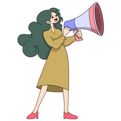 working woman carrying megaphone, announcement information