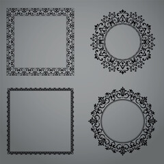 Set of decorative frames Elegant vector element for design in Eastern style, place for text. Floral black and gray borders. Lace illustration for invitations and greeting cards