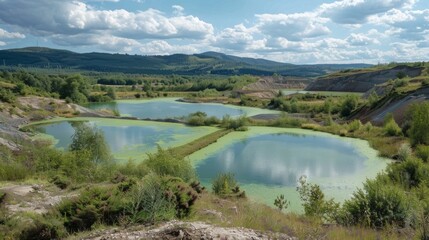 Fototapeta premium A vista of grim manmade ponds filled with the remnants of burnt coal tinged with a sickly green hue.