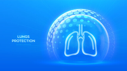 Lungs care and protection. Healthy lungs medical concept. Human respiratory system anatomy lungs organ icon inside protection sphere shield with hexagon pattern on blue background. Vector illustration