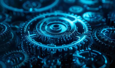 Futuristic Concept with Digital Cogs and Gears in Blue Neon