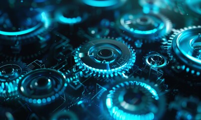 Futuristic Concept with Digital Cogs and Gears in Blue Neon