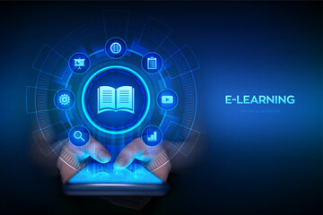 E-learning. Innovative online education and internet technology concept. Webinar, teaching, online training courses. Skill development. Smartphone in hands. Using smartphone. Vector illustration.