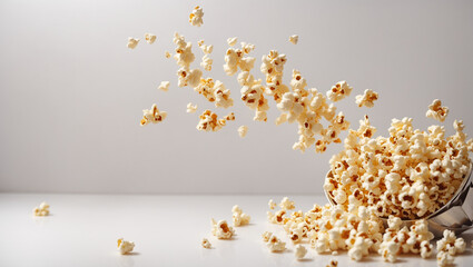 a bowl of popcorn being spilled with some of the popcorn in mid air.