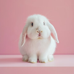 Close up photo of a cute white lop-eared bunny sitting on a pink table against an isolated pastel background