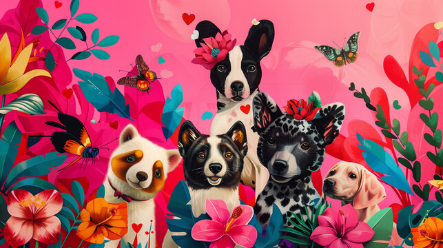Charming animals surrounded by colorful illustrations of vibrant flowers in tropical pink. 
