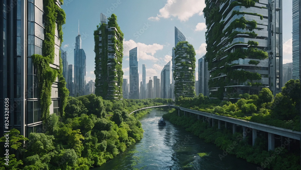 Wall mural shows a futuristic city with skyscrapers covered in lush greenery - Wall murals