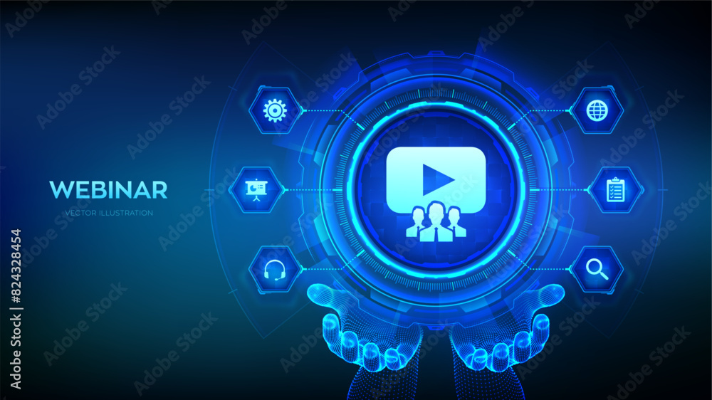 Poster webinar icon in wireframe hands. internet conference. web based seminar. distance learning. e-learni