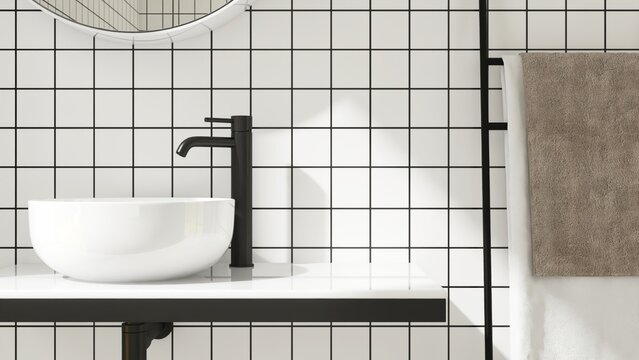 Close up of white bathroom vanity counter, washbasin, black faucet, mirror in sunlight on square tile wall, black grout line for luxury beauty, cosmetic, skincare, toiletries product background 3D
