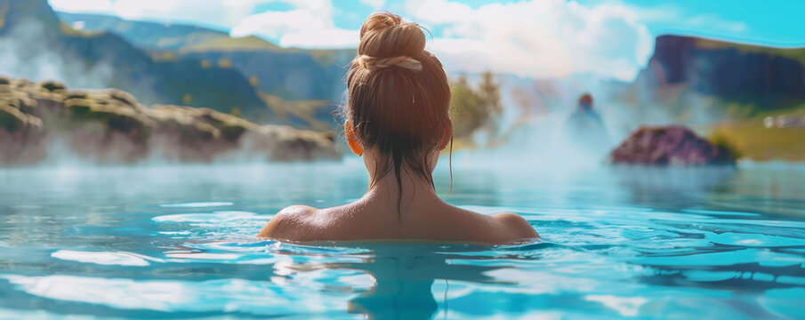 A young woman relaxes in a hot spring in Iceland