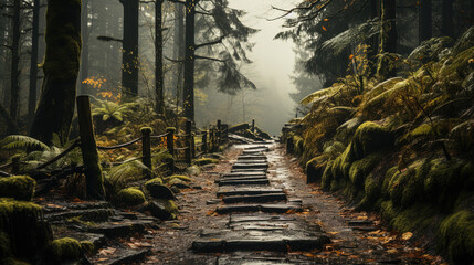 An Autumn Forest Path in the Rainy Weather Landscape Background