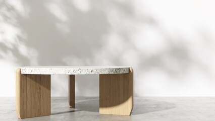 Minimal colorful terrazzo podium table, wooden leg, in dappled sunlight, leaf foliage shadow on white wall. Luxury organic beauty, cosmetic, skincare, body care, fashion product display background 3D