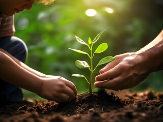 Man and boy planting small green plant sprout in the ground