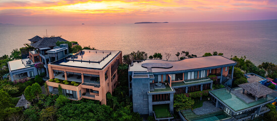 Fototapeta premium View of resort in Panwa beach at sunset, in Phuket, Thailand