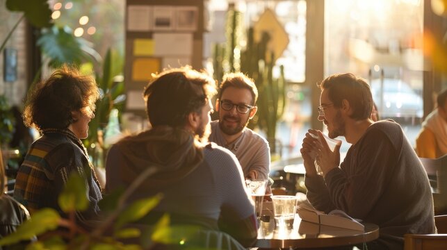 Four friends sitting in a cafe and chatting happily. AIG535