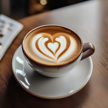 Cup of creamy latte with heart-shaped latte art on top1