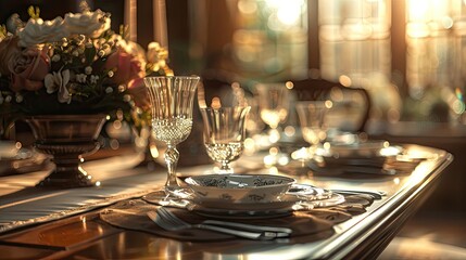 commercial photo, close-up, dining table setup, bottom view, soft light