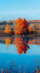 Tranquil Autumn Reflections: A Serene Lake Surrounded by Vibrant Fall Foliage in a Picturesque Landscape