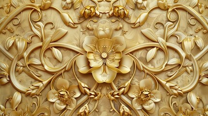An intricate abstract gold floral texture with symmetrical patterns of delicate blossoms and twining leaves, offering a sophisticated aesthetic.