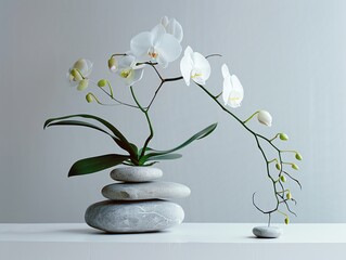 A minimalist ikebana design with a single orchid and smooth river stones