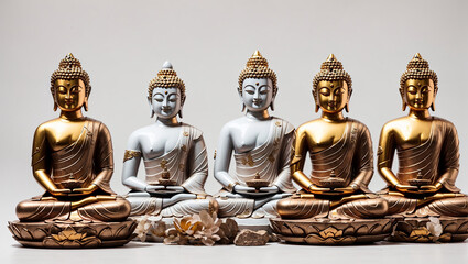 golden statues of Buddha  on white background