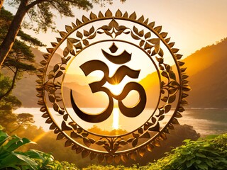 Gold OM symbol art design as a sun, perfect for spiritual icon or business logo