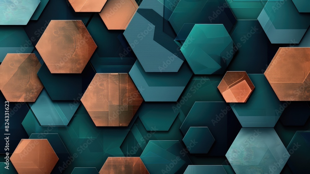 Canvas Prints an intricate geometric abstract background with fluid hexagons and gradients in shades of teal, copp
