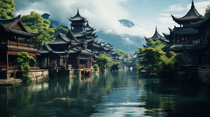 Naklejka premium Beautiful Chinese Rural Village Traditional Houses With Mountains and River Landscape Background