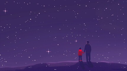 Obraz premium Father and child watching stars, minimalist style, dark violet sky with twinkling stars