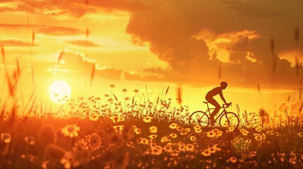 Silueta de ciclista pedaleando entre flores silvestres al amanecer con cielo dorado