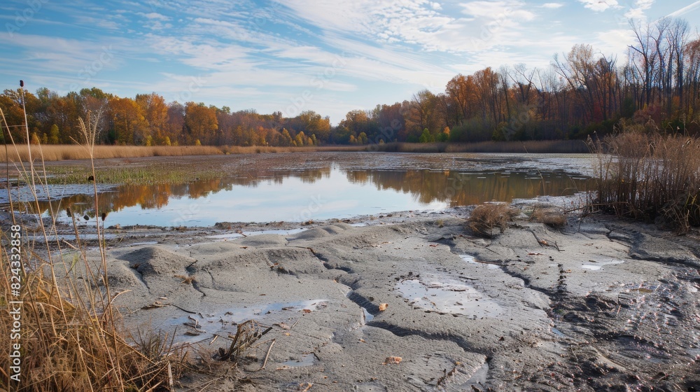 Poster the solemn view of abandoned coal ash ponds no longer in use but still containing harmful residue.