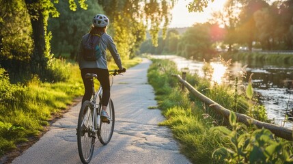 A person enjoying a leisurely bike ride along a scenic riverside path  