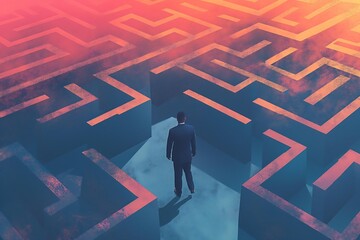 Businessman Facing a Complex Labyrinth Illuminated with Pink and Orange Hues