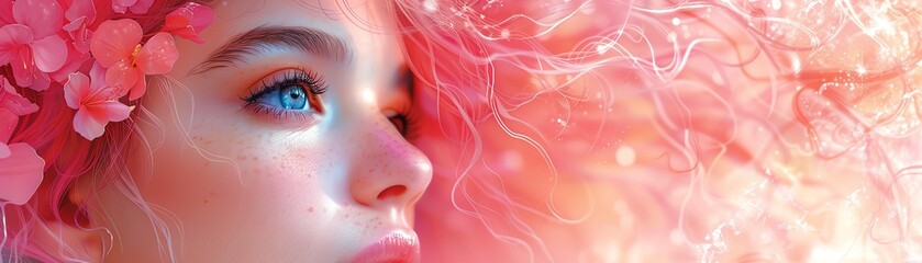 Dreamy portrait of a young woman with blue eyes and pink floral elements, evoking a sense of fantasy and ethereal beauty.
