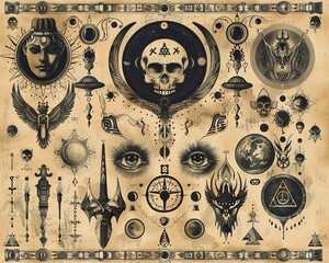 A dark and mysterious illustration of occult symbols, including skulls, moons, eyes, and a woman's face.