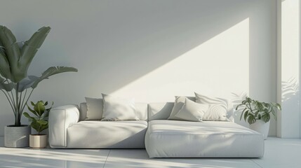 Minimalist Living Room with Sofa and Decor Accessories against White Wall - 3D Rendering