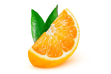 Orange slice with leaves on an isolated white background.